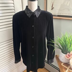 GRAVER STUDIO Shirt Womens Small Black Velvet Button Down Tunic Winter Holiday